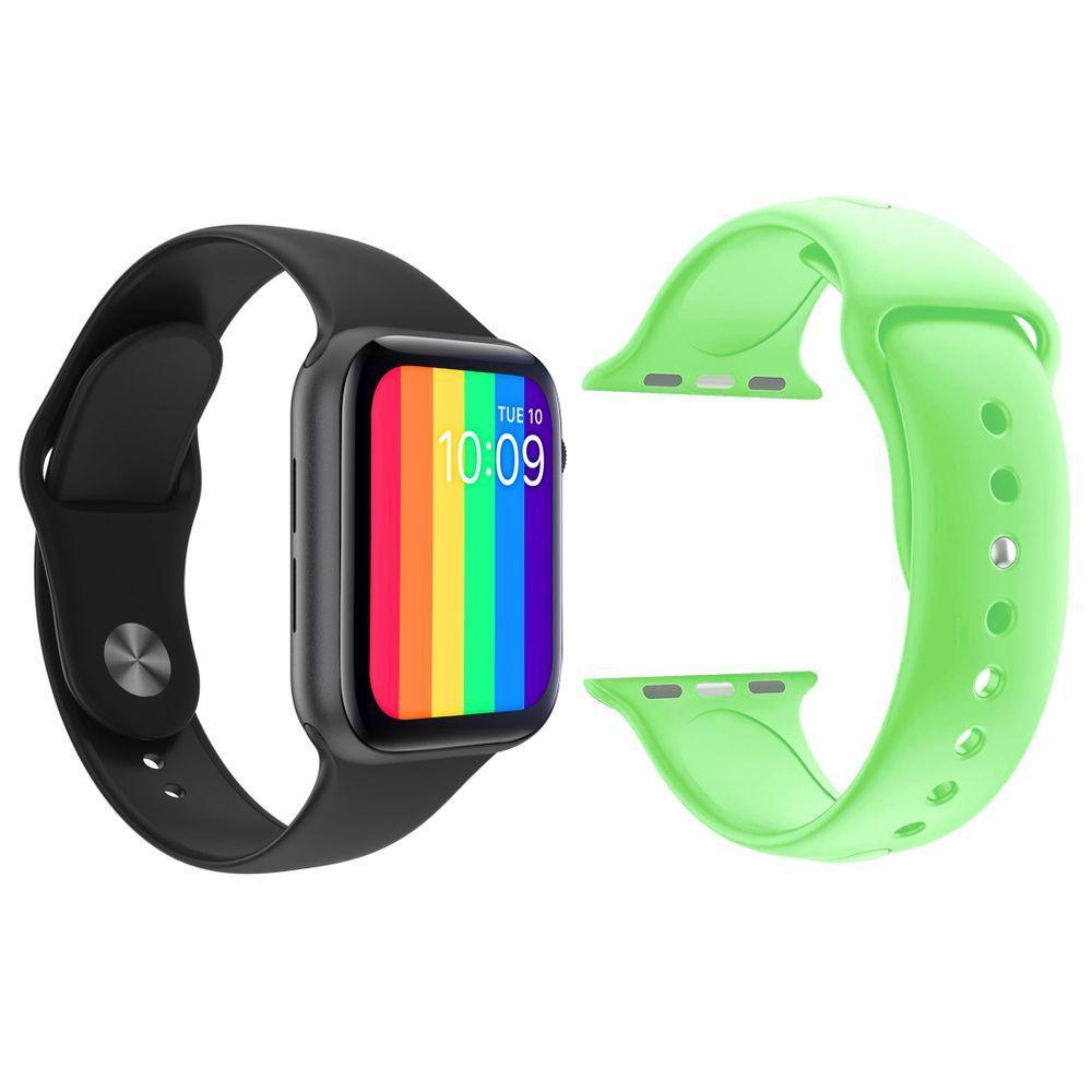 Kit 1 Smartwatch Preto + 1 Pulseira Silicone Verde Claro - 1