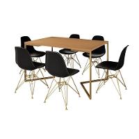 Mesa Jantar Industrial Retangular 137X90Cm Canela Base V Com 6 Cadeiras Pretas Base Dou Cor: Canela - 6