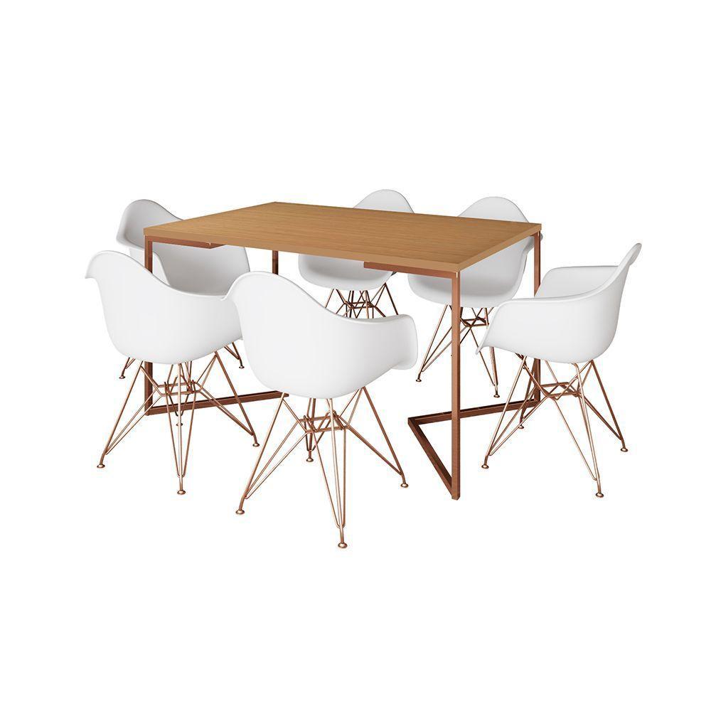 Mesa Industrial Jantar Canela 137X90Cm Base Cobre V Com 6 Poltronas Brancas Base Cobre Cobre - 7