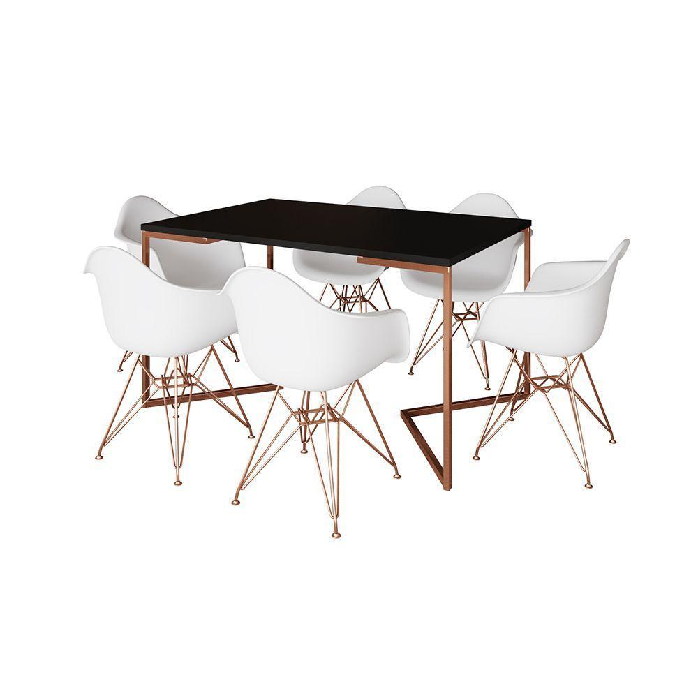 Mesa Industrial Jantar Preta 137X90Cm Base Cobre V Com 6 Poltronas Brancas Base Cobre Preto - 6