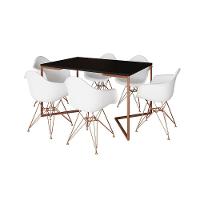 Mesa Industrial Jantar Preta 137X90Cm Base Cobre V Com 6 Poltronas Brancas Base Cobre Preto - 6