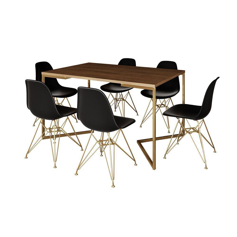 Mesa Jantar Industrial Retangular 137X90Cm Amêndoa Base V C/6 Cadeiras Pretas Base Do Cor: Amendoa - 6