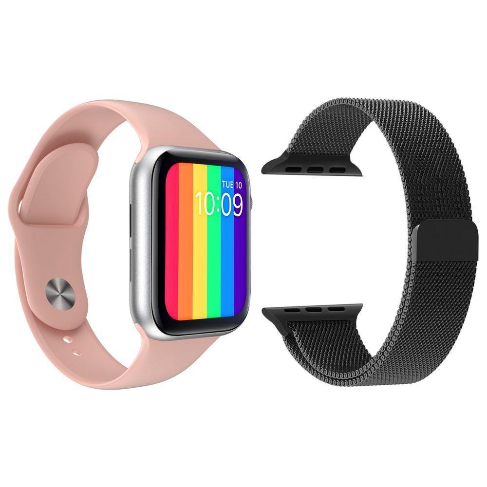 Kit 1 Smartwatch Rosa + 1 Pulseira Extra Preto - 1