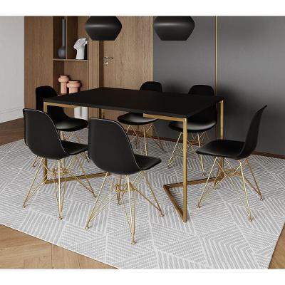 Mesa Jantar Industrial Retangular 137X90Cm Preta Base V Com 6 Cadeiras Pretas Base Dour Cor: Preto