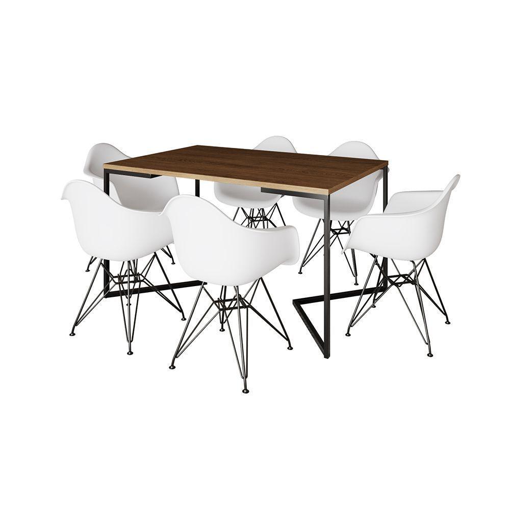 Mesa Industrial Jantar Retangular Amêndoa 137X90Cm Base V Com 6 Poltronas Brancas Ferro Amendoa - 6