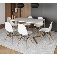 Mesa Jantar Industrial Retangular 137X90Cm Branca Base V Dourada Com 6 Cadeiras Madeira Cor: Branco - 1