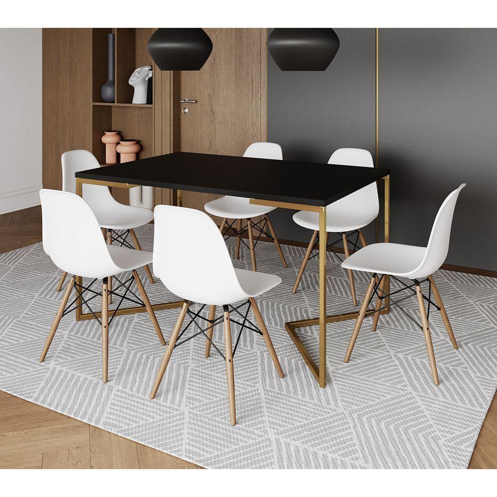 Mesa Jantar Industrial Retangular 137X90Cm Preta Base V Dourada Com 6 Cadeiras Madeira Cor: Preto - 1