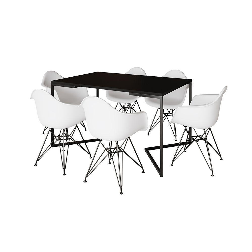 Mesa Industrial Jantar Retangular Preta 137X90Cm Base V Com 6 Poltronas Brancas Ferro P Preto - 6