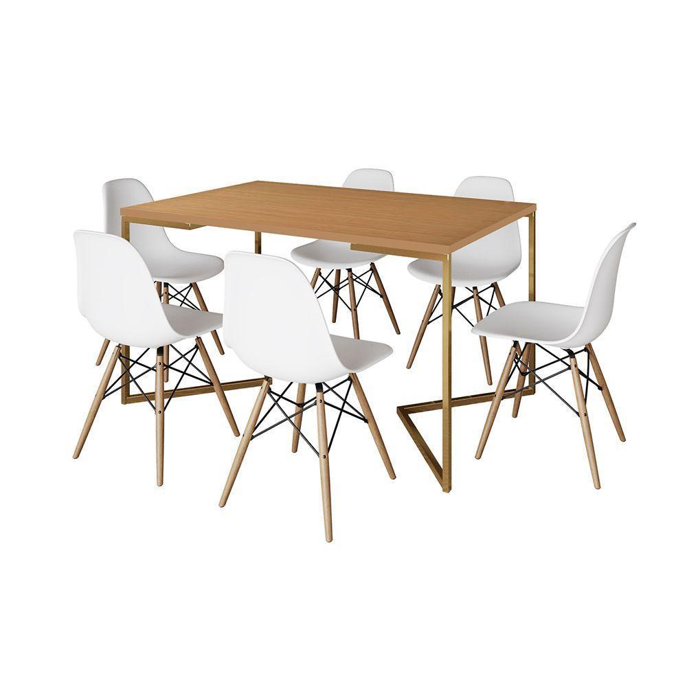 Mesa Jantar Industrial Retangular 137X90Cm Canela Base V Dourada Com 6 Cadeiras Madeira Cor: Canela - 6