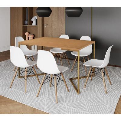 Mesa Jantar Industrial Retangular 137X90Cm Canela Base V Dourada Com 6 Cadeiras Madeira Cor: Canela