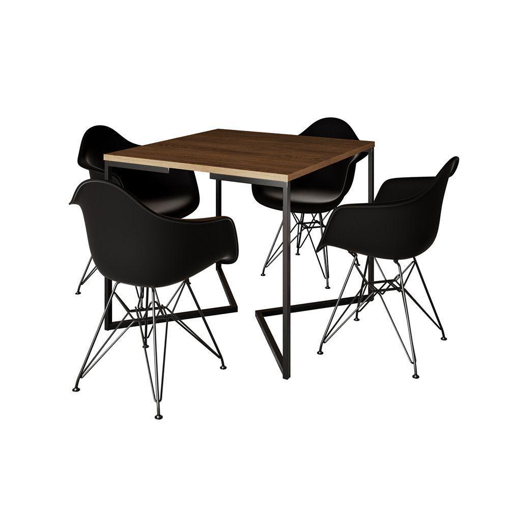 Mesa Industrial Jantar Quadrada Amêndoa 90Cm Base V Com 4 Poltronas Pretas Ferro Preto Amendoa - 6