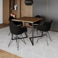 Mesa Industrial Jantar Quadrada Amêndoa 90Cm Base V Com 4 Poltronas Pretas Ferro Preto Amendoa - 1