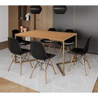 Mesa Jantar Industrial Retangular 137X90Cm Canela Base V Dourada Com 6 Cadeiras Madeira Cor: Canela - 1