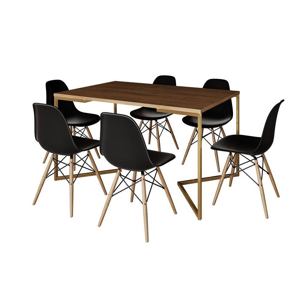 Mesa Jantar Industrial Retangular 137X90Cm Amêndoa Base V Dourada C/6 Cadeiras Madeir Cor: Amendoa - 6