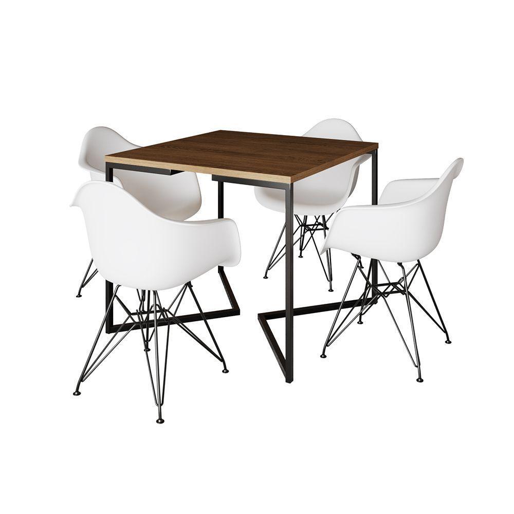 Mesa Industrial Jantar Quadrada Amêndoa 90Cm Base V Com 4 Poltronas Brancas Ferro Preto Amendoa - 6