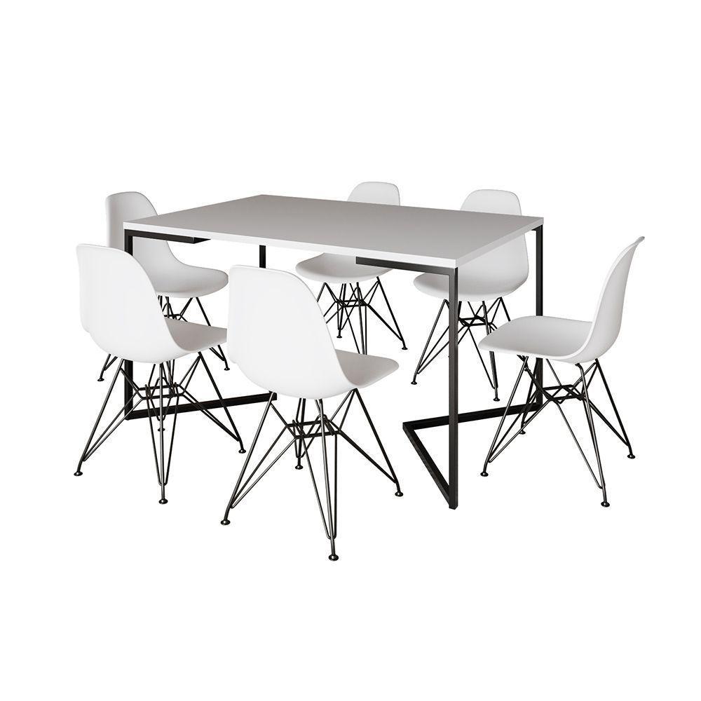Mesa Industrial Jantar Retangular 137X90Cm Branca Base V Com 6 Cadeiras Brancas Ferro P Branco - 6