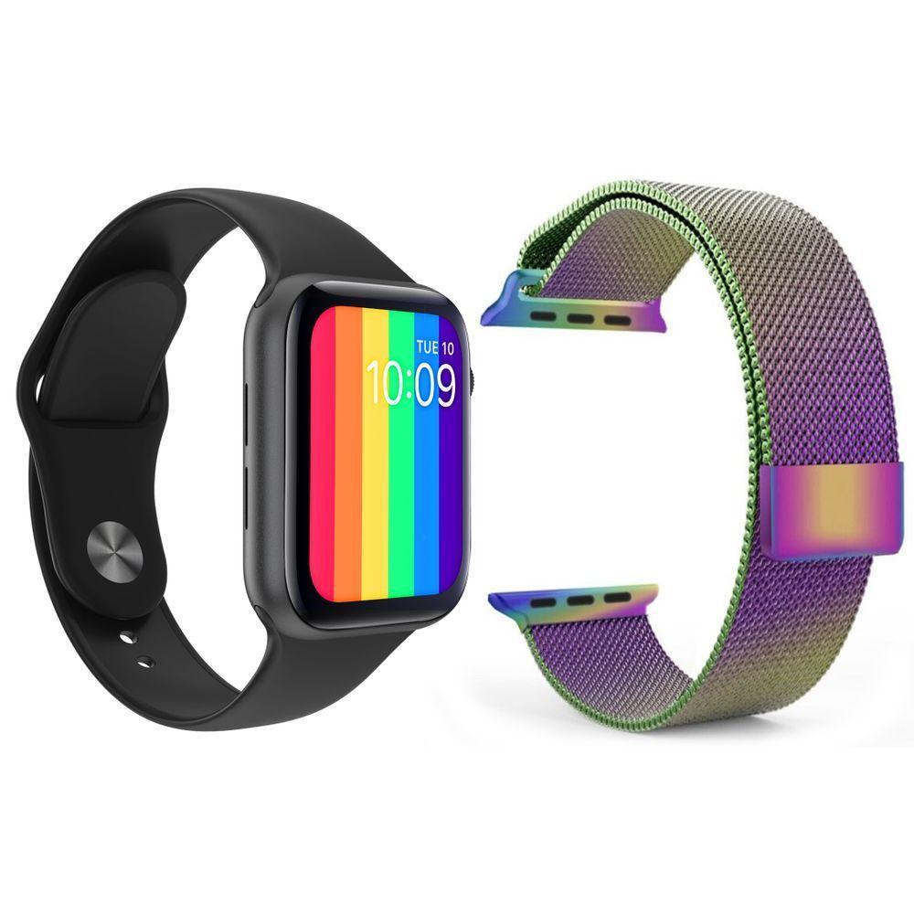 Kit 1 Smartwatch Preto + 1 Pulseira Arco Íris - 1
