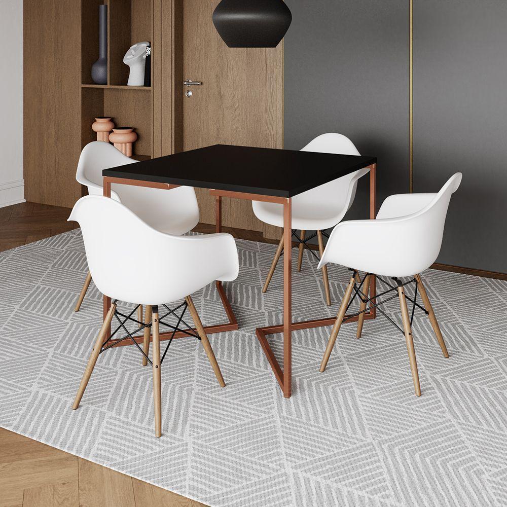 Mesa Industrial Jantar Preta Quadrada 90Cm Base Cobre V Com 4 Poltronas Brancas Madeira Preto - 1