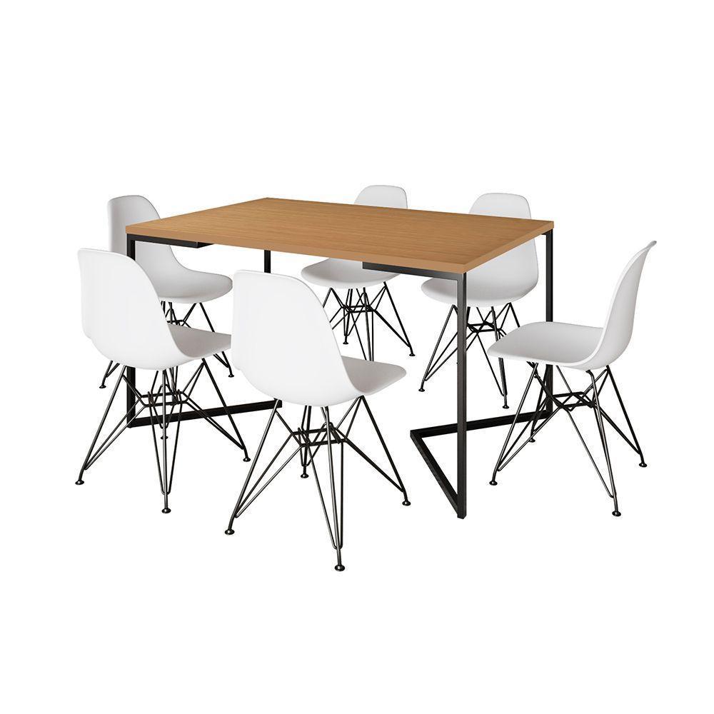 Mesa Industrial Jantar Retangular 137X90Cm Canela Base V Com 6 Cadeiras Brancas Ferro P Canela - 6