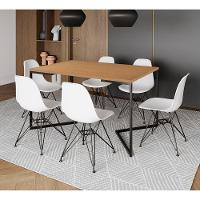 Mesa Industrial Jantar Retangular 137X90Cm Canela Base V Com 6 Cadeiras Brancas Ferro P Canela - 1