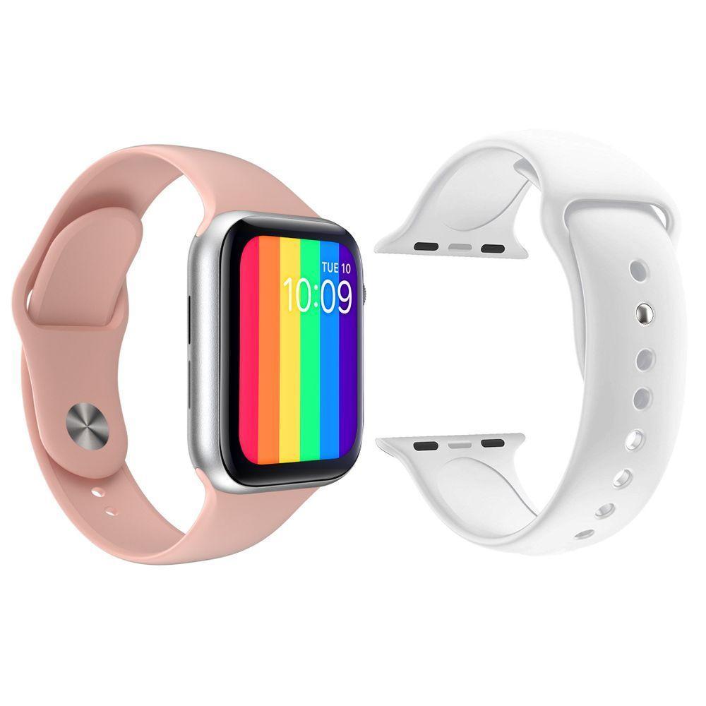 Kit 1 Smartwatch Rosa + 1 Pulseira Silicone Branco - 1