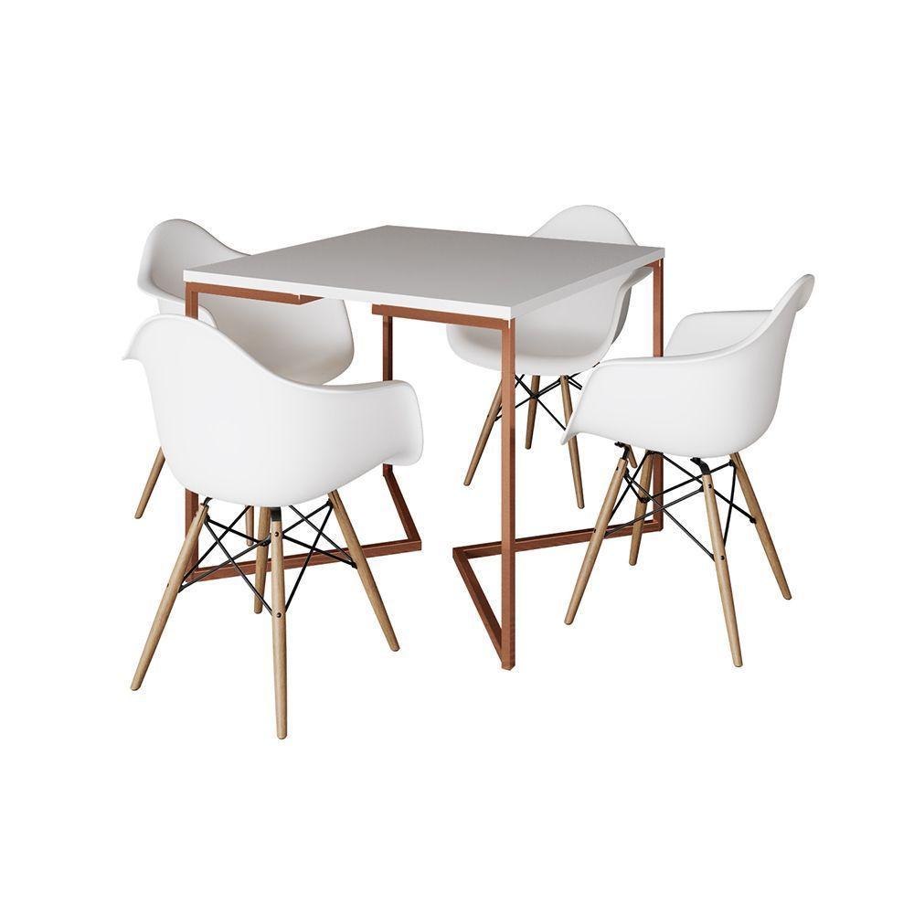 Mesa Industrial Jantar Branca Quadrada 90Cm Base Cobre V Com 4 Poltronas Brancas Madeir Branco - 6