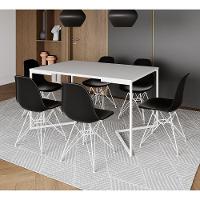 Mesa Industrial Jantar Retangular 137X90Cm Branca Base V Com 6 Cadeiras Pretas Ferro Br Branco - 1