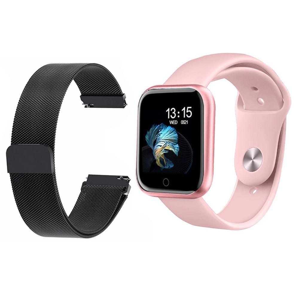 Kit 1 Smartwatch P70 Rosa + 1 Pulseira Preto - 1