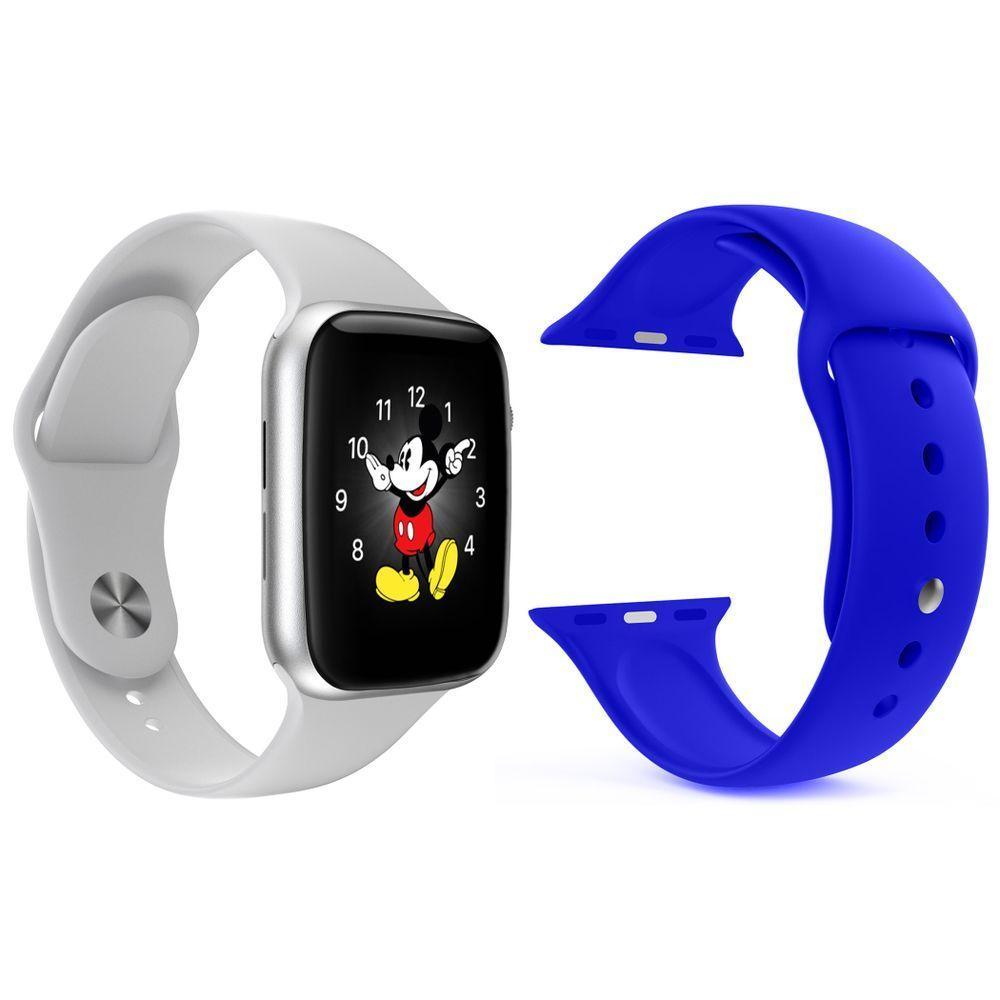 Kit 1 Smartwatch Branco + 1 Pulseira Silicone Azul Escuro - 1