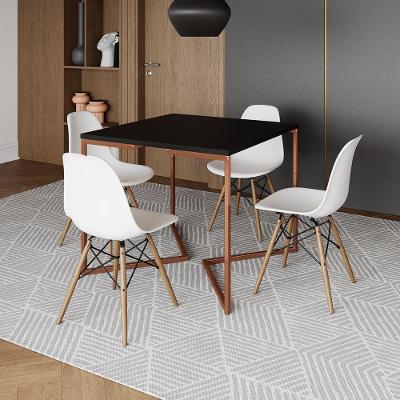 Mesa Industrial Jantar Quadrada Preta 90X90Cm Base Cobre V Com 4 Cadeiras Brancas Madei Preto
