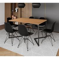 Mesa Industrial Jantar Retangular 137X90Cm Canela Base V Com 6 Cadeiras Pretas Ferro Pr Canela - 1