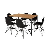 Mesa Industrial Jantar Retangular 137X90Cm Canela Base V Com 6 Cadeiras Pretas Ferro Pr Canela - 6