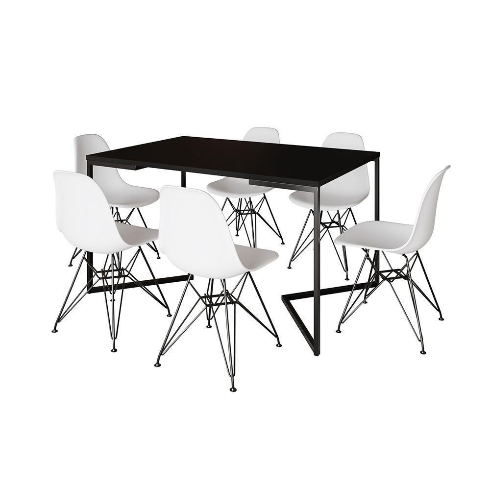 Mesa Industrial Jantar Retangular 137X90Cm Preta Base V Com 6 Cadeiras Brancas Ferro Pr Preto - 6