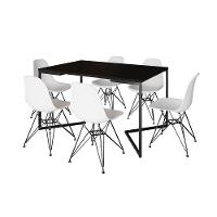 Mesa Industrial Jantar Retangular 137X90Cm Preta Base V Com 6 Cadeiras Brancas Ferro Pr Preto - 6