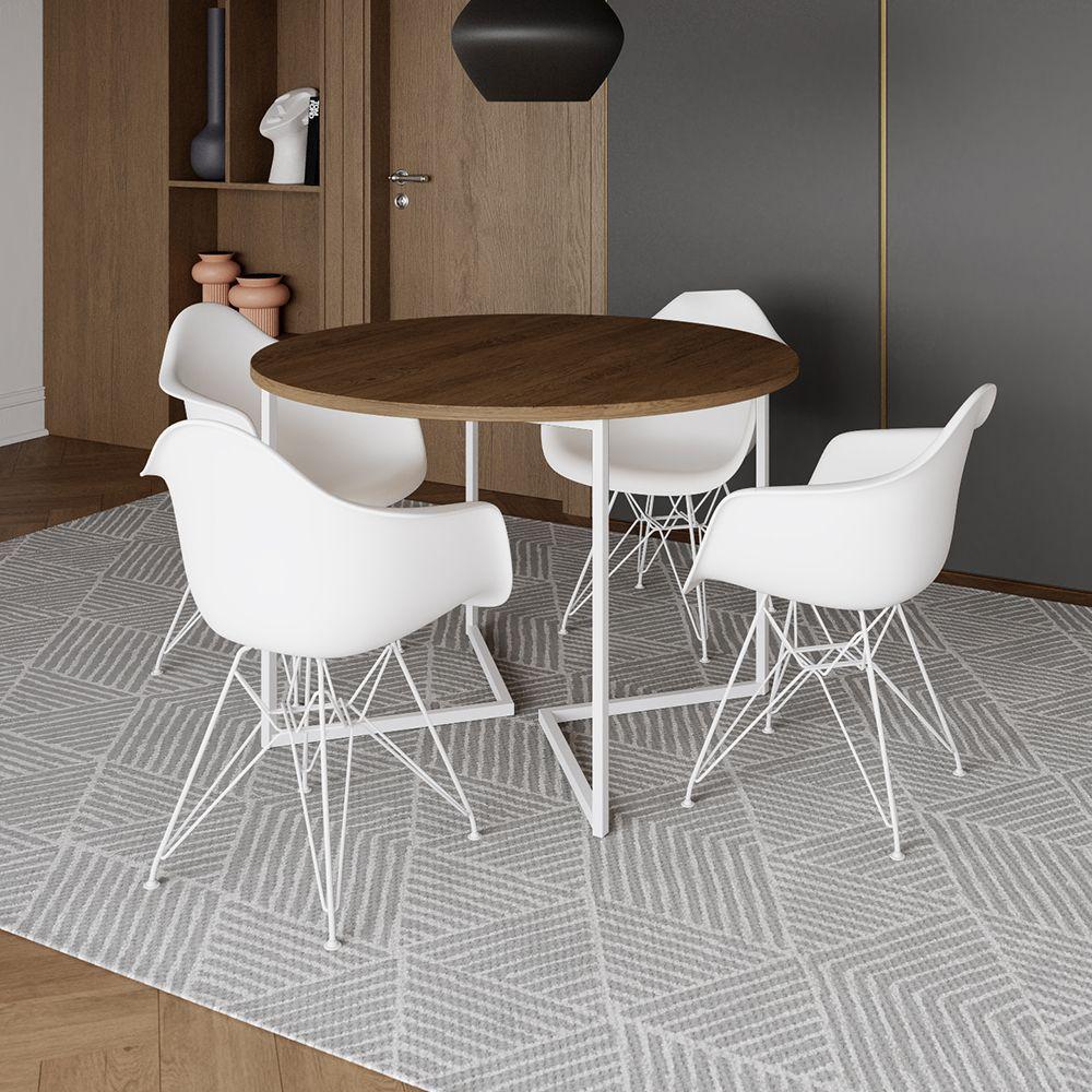 Mesa Industrial Jantar Redonda Amêndoa 110Cm Base V Com 4 Poltronas Daw Brancas Ferro B Amendoa - 1