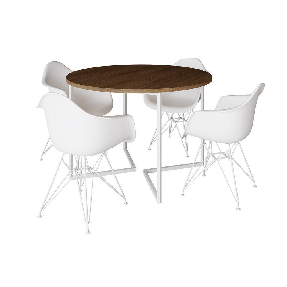 Mesa Industrial Jantar Redonda Amêndoa 110Cm Base V Com 4 Poltronas Daw Brancas Ferro B Amendoa - 5