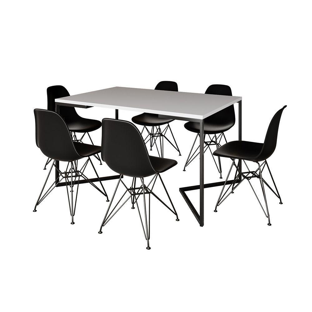 Mesa Industrial Jantar Retangular 137X90Cm Branca Base V Com 6 Cadeiras Pretas Ferro Pr Branco - 6