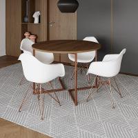 Mesa Industrial Jantar Amêndoa 110Cm Redonda Base V Com 4 Poltronas Brancas Base Cobre Amendoa - 1