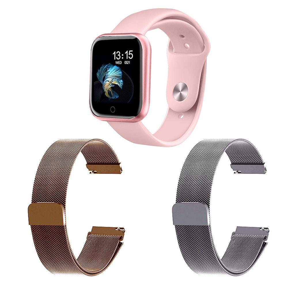 Kit 1 Smartwatch T80 Rosa + 2 Pulseiras Rosê E Prata - 1