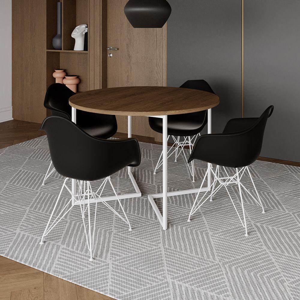 Mesa Industrial Jantar Redonda Amêndoa 110Cm Base V Com 4 Poltronas Daw Pretas Ferro Br Amendoa - 1