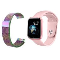 Kit 1 Smartwatch P70 Rosa + 1 Pulseira Arco Íris - 1