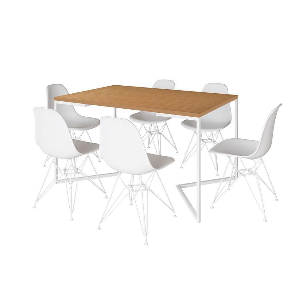 Mesa Industrial Jantar Retangular 137X90Cm Canela Base V Com 6 Cadeiras Brancas Ferro B Canela - 6