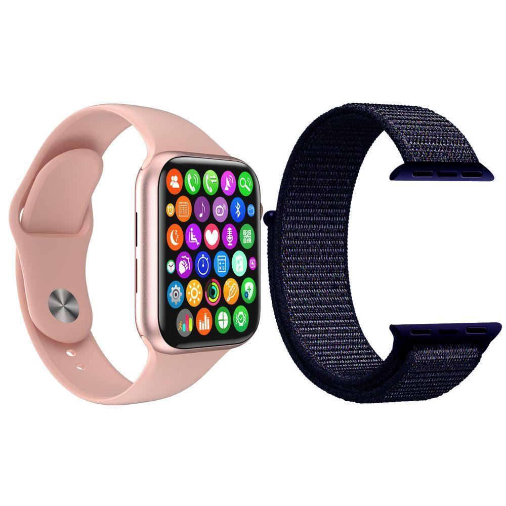 Kit 1 Smartwatch Rosa + 1 Pulseira Nylon Azul Meia Noite - 1