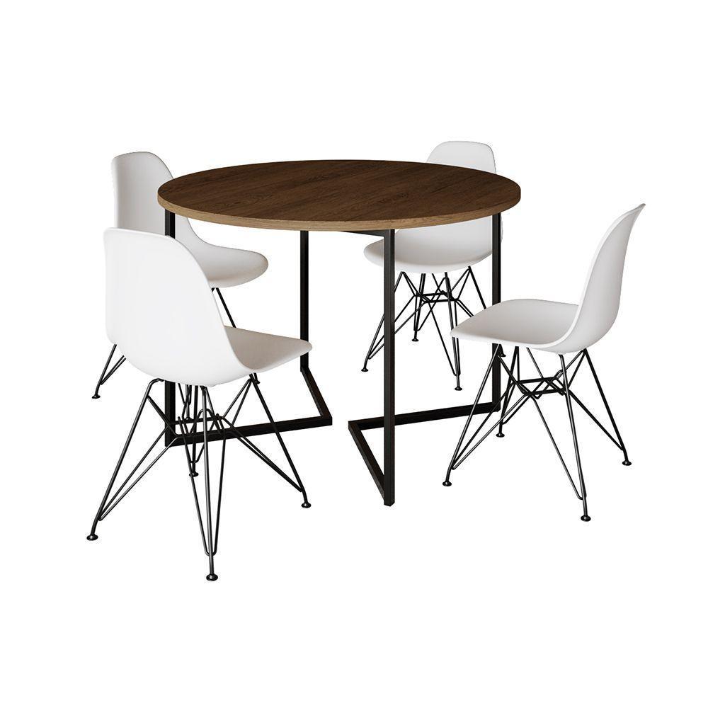 Mesa Industrial Jantar Redonda Amêndoa 110Cm Base V Com 4 Cadeiras Eames Brancas Ferro Preto Amendoa - 6