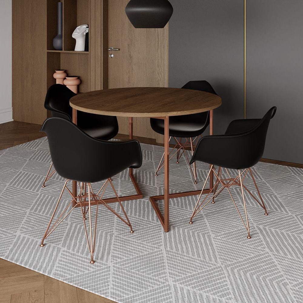 Mesa Industrial Jantar Amêndoa 110Cm Redonda Base V Com 4 Poltronas Pretas Base Cobre Amendoa - 1