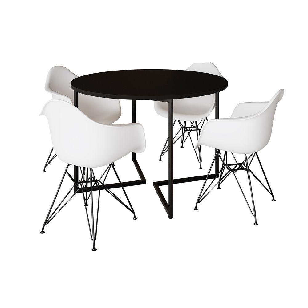 Mesa Industrial Jantar Redonda 110Cm Preta Base V Com 4 Poltronas Brancas Eames Daw Ferro Preto - 6