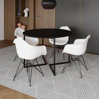 Mesa Industrial Jantar Redonda 110Cm Preta Base V Com 4 Poltronas Brancas Eames Daw Ferro Preto - 1