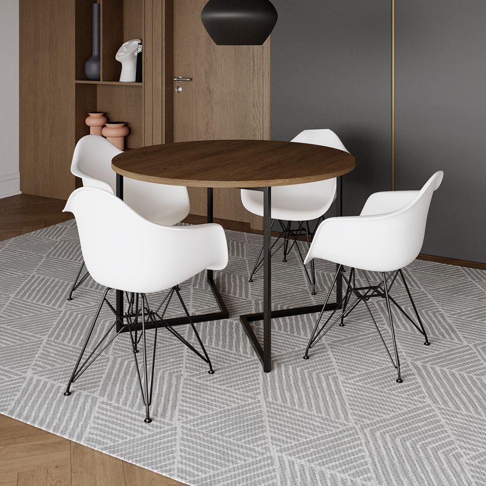 Mesa Industrial Jantar Redonda 110Cm Amêndoa Base V Com 4 Poltronas Brancas Ferro Preto Amendoa - 1