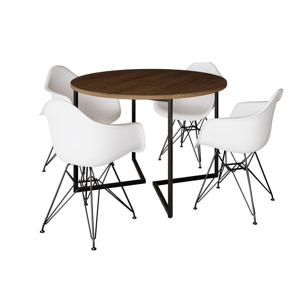 Mesa Industrial Jantar Redonda 110Cm Amêndoa Base V Com 4 Poltronas Brancas Ferro Preto Amendoa - 6