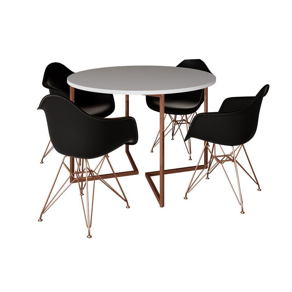 Mesa Industrial Jantar Branca 110Cm Redonda Base V Com 4 Poltronas Pretas Base Cobre Branco - 6